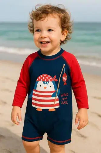 MACAQUINHO  DE PRAIA PARA BEBES NAS CORES MARINHO E VERMELHO